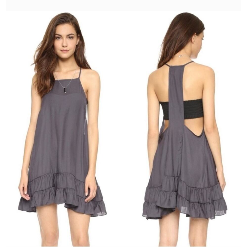 Intimately Free People Raven Slip Dress Racer Back Size S Gray Tiered Ruffle Hem - Picture 1 of 7